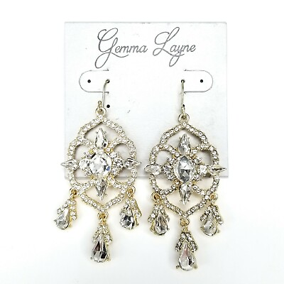#ad Gemma Layne Earrings Goldtone Clear Rhinestone Teardrop Dangle New $9.99