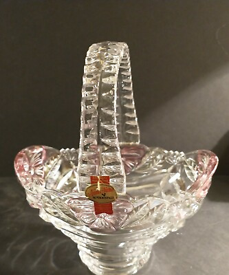#ad Anna Hutte Bleikristall Germany 24% Lead Crystal Glass Handled Basket Rose Petal $11.00