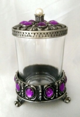 #ad Purple Bejeweled Pewter Metal Footed Votive Candle Holder w Lid $17.90
