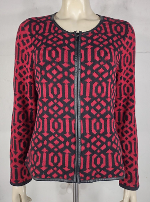 #ad NWT Chico#x27;s sultry red black Vivid Deco Monica full zip cardigan sweater size 2 $46.99