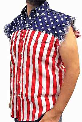 #ad USA FLAG SLEEVELESS DENIM SHIRTS with Embroidery FREE SHIPPING $19.99