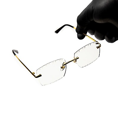 #ad Men#x27;s Vintage Gold Frame Rimless Luxury Gem Cut Clear Lens Glasses $19.99