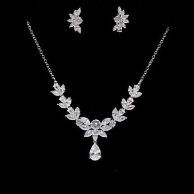 #ad 12 Ct Pear Simulated Diamond Earring Necklace Set 14k White Gold Plated Silver $331.49