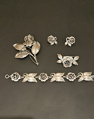 #ad Vintage BAUR ING Sterling Jewelry 2 brooches brecelet earings. Rose pattern $110.00