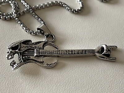 #ad Silver Skull Guitar Necklace on Silver Chain Rock N’ Roll Bad To The Bone $7.95