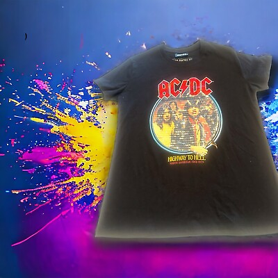 #ad ACDC Circle Group Photo Highway To Hell Men#x27;s L T Shirt Sequins Music Merch Slim $16.00