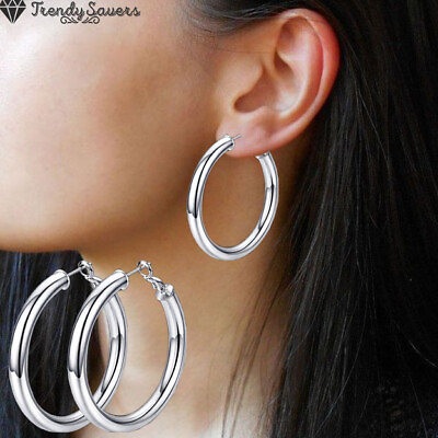 #ad Fashion Big Tube Thick Hoop Earrings 925 Sterling Silver Hoop Earrings Women Men GBP 4.99