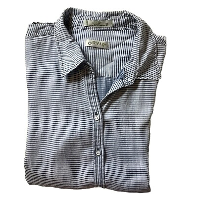 #ad Orvis Button Up SOFT Shirt Women Size 14 Blue Striped Tencel Roll Tab LongSleeve $22.10
