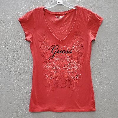 Guess Women Top Large Red Floral T Shirt Logo Metallic Crown Graphic V Neck Tee $13.92