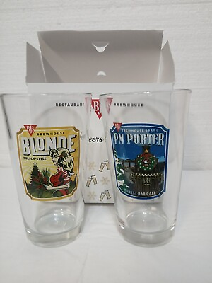 #ad New BJ#x27;s Brewhouse Christmas SET of 2 16oz Pint Beer Glasses PM Porter amp; Blonde $19.94