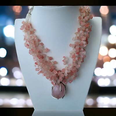 #ad Vtg Statement Chunky Necklace Gemstone Rose Quartz Pendant Artisan Crafted 18quot; $69.99