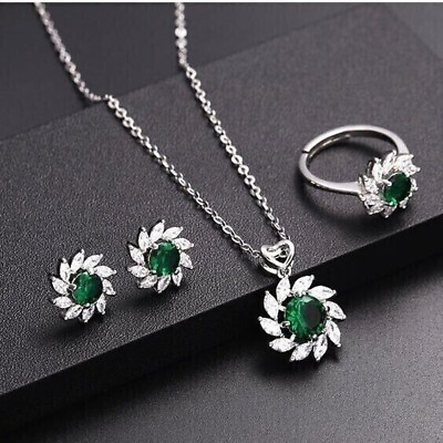#ad Women#x27;s Halo Jewelry Set 5Ct Lab Created Emerald Diamond 14K White Gold Plated $198.99