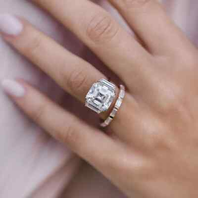 #ad 2 PCs Sterling Silver Three Stone Asscher Cut Moissanite Engagement Ring Set $224.00