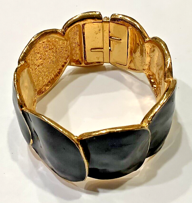 #ad Vintage Big GOLD amp; BLACK ENAMEL Hinged Clamper Bracelet free ship $14.00