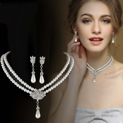 #ad Pearl Necklace and Earring Vintage Faux Jewelry Set Silver Pendant Chain $19.99