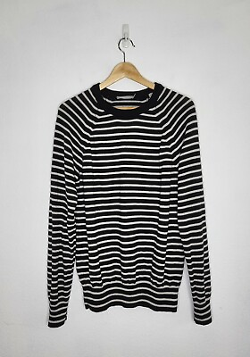 VINCE Men#x27;s Merino Wool Striped Crewneck Sweater White Black Size Medium $40.00