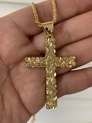 #ad Mens Large Gold Nugget Cross 14k Gold Plated Solid 925 Silver Necklace Chain $65.68