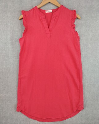 #ad Anthropologie 4Our Dreamers Dress Womens XS Coral Pink Linen Shift Ruffle V Neck $34.00