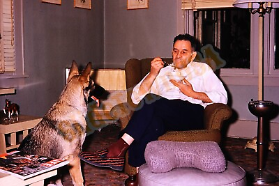 #ad Vtg 1958 Photo Slide Man with Fancy Slippers Chair Dog Bowl Ice Cream X3S046 $7.50
