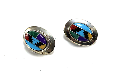#ad Native American Zuni Sterling Silver Gemstone Inlaid Earrings 🌻SEE VIDEO🌻 $48.00