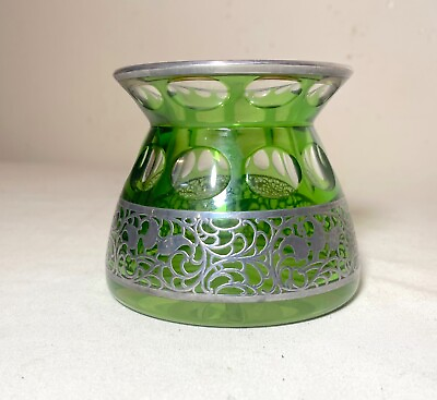 #ad antique cut to clear green glass crystal ornate sterling silver overlaid vase $374.99