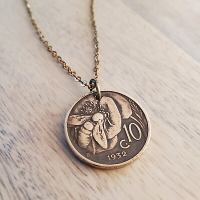 #ad Vintage Italy Honeybee Coin Necklace Beekeeper Gift Antique 10 Centesimi Coin $28.00