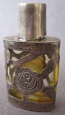 #ad Miniature 925 Sterling Silver Overlay PERFUME BOTTLE Floral Design Glass Mexico $29.99