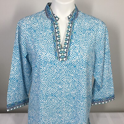 #ad Foxcroft Size 12 Petite Tunic Top Blue Wrinkle Free Cotton Large $24.99