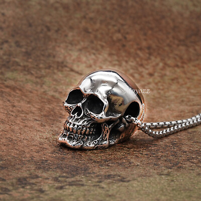 #ad Gothic Mens Biker Skull Pendant Necklace Men Stainless Steel Chain Silver Gift $7.99