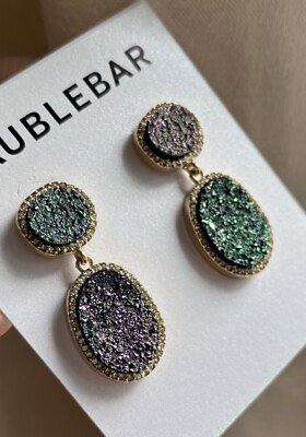 #ad baublebar Drusy Iridescent Multicolor Stone Crystal Gold Drop Earrings NWT $22.99