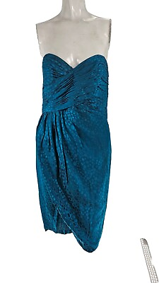 #ad 3166 AJ Bari Womens Vintage Teal Polka Dot Silk Ruched Pleated Cocktail Dress 10 $22.95