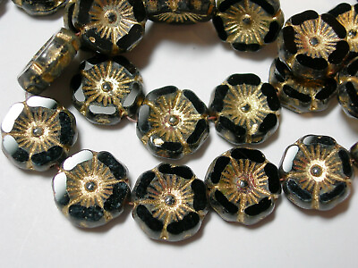 #ad 12 beads Black with Gold wash Czech Glass Flower Beads 12mm $6.99