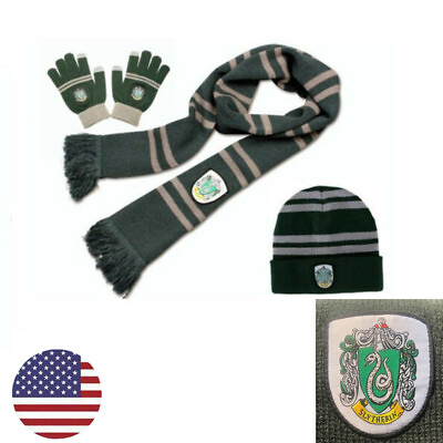 #ad Set 3Pcs Harry Potter Slytherin House Cosplay Knit Wool Scarf Hat Glove Costume $18.99
