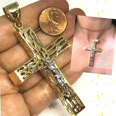 #ad GOLd cross jesus pendant 14k yellow White solid necklace crucifix 3” BiG HEAVY $1666.35