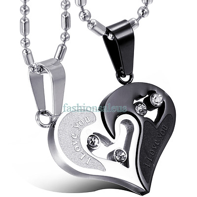 #ad 2pcs Heart Couple Necklace Set quot;I LOVE YOUquot; Stainless Steel Pendant Chain Gift $9.69
