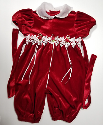 #ad Rare Editions Red Velvet Christmas Holiday One Piece Romper Baby Girl 6 Months $5.99