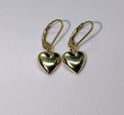 #ad Shiny Puffed Heart Dangle Drop Earrings with Lever Back 14K Yellow Gold Finish $74.87