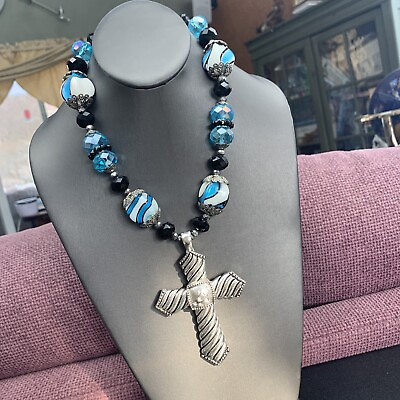 #ad Southwestern Large Blue Black AB Crystal chunky Rhinestone Cross Necklace 16” $39.98