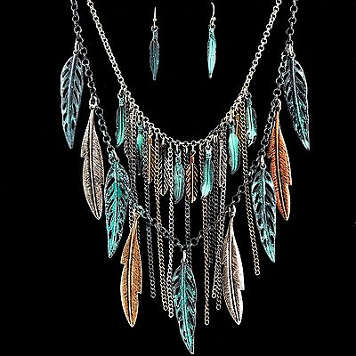 #ad Western Bohemian Metal Gold Silver Rose Gold Patina Feather Pendants Necklace $24.99