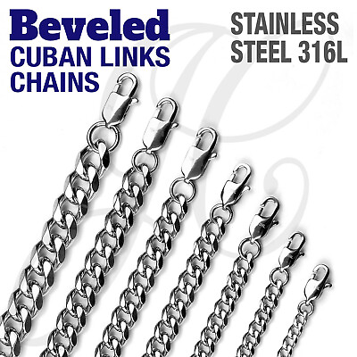 Stainless Steel 316L Beveled Cuban Links Necklaces Chain Men Women Silver Color $10.75