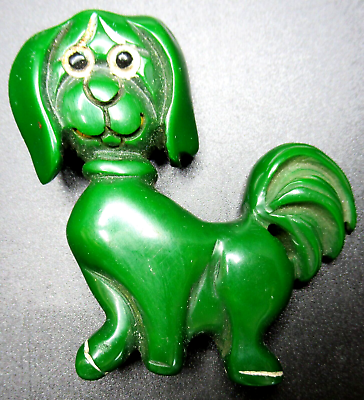 #ad Darling Carved Green BAKELITE Enamel Dog Vintage Pin Brooch RARE $299.99