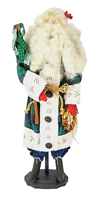 #ad Vintage Folk Santa Figurine Blue Plaid Flannel 17.5quot; Embroidered Wreath Tree $8.50