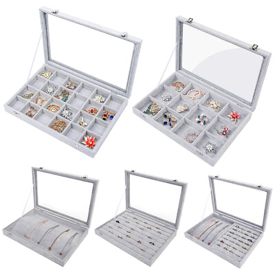 #ad Clear Lid 2 in 1 Ice Velvet Jewelry Ring Earring Storage Box Necklace Organizer $36.79
