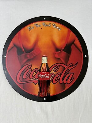 #ad COCA COLA DRINK PORCELAIN PINUP GIRL MANCAVE BEVERAGE GAS PUMP OIL AUTO SIGN $130.00