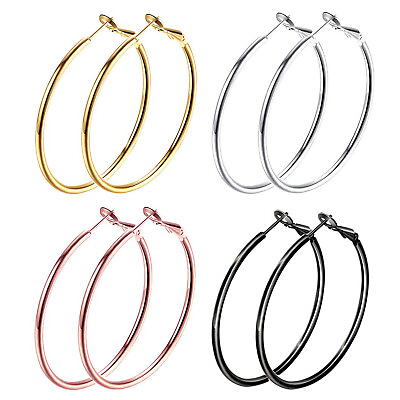 #ad 8pcs Women#x27;s Round Flattened 4 color Stainless Steel Dangle Large Hoop Earrings $9.99