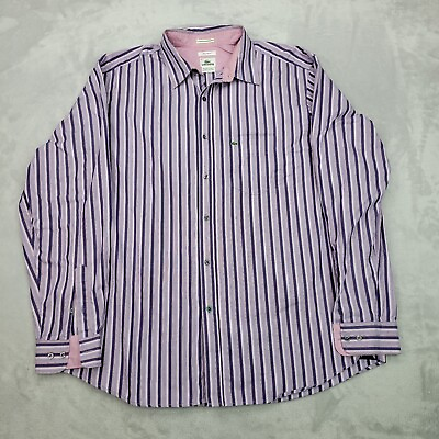 #ad Lacoste Shirt Men Extra Large Purple Cotton Stripe Button Dress Casual Adult 45* $14.98