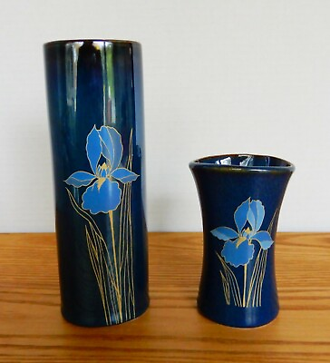 #ad Matched pair of lovely vintage denim blue Otagiri bud vases with floral design $24.99