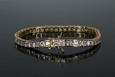 #ad Yellow Gold Plated Silver Princess Cut Lab Created Diamond Men#x27;s Tennis Bracelet $256.00