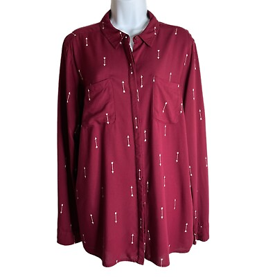 #ad Sonoma Women#x27;s Button Up Shirt Size L Arrow Print Burgundy Red Long Sleeve Rayon $14.95