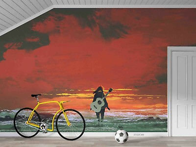 #ad 3D Woman Guitar Sea Sunset Self adhesive Removable Wallpaper Murals Wall 948 AU $124.00